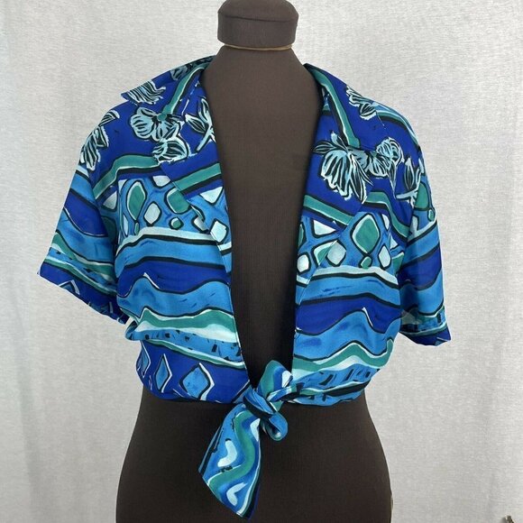 TAurus II Vintage Blue Green Hawaiian Tie Front Top - Picture 1 of 6